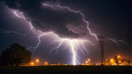 Lightning striking near illuminated rural power linesの素材