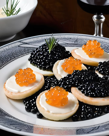 Luxurious caviar served with blinis, crÃ¨me fraÃ®che, and chivesの素材