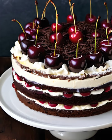 A decadent black forest gateau, layered with rich chocolate sponge, kirsch-soaked cherries, and whipped creamの素材
