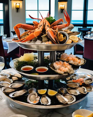 Opulent seafood tower featuring oysters, shrimp, and crab legsの素材
