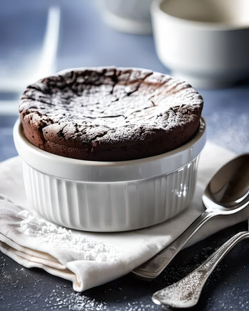 Selectable chocolate soufflÃ© with a dusting of powdered sugarの素材