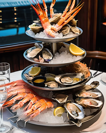 Opulent seafood tower featuring oysters, shrimp, and crab legsの素材