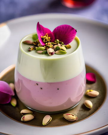 A gourmet pistachio and rose water panna cotta, garnished with crushed pistachios and rose petalsの素材