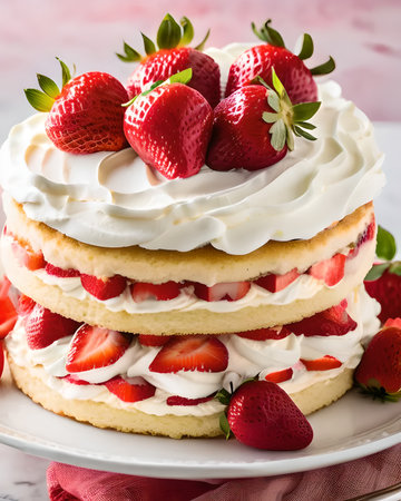 A delicate strawberry shortcake, featuring layers of light sponge cake, fresh strawberries, and whipped creamの素材