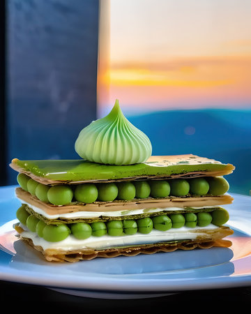 A gourmet matcha green tea mille-feuille, layered with crisp pastry and matcha-infused creamの素材