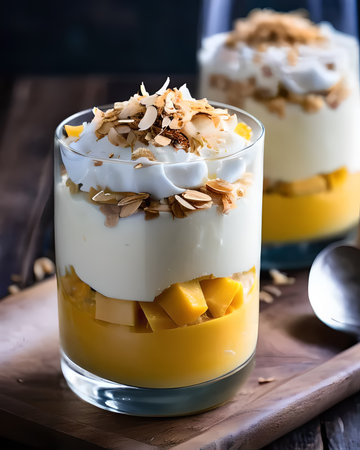 A sumptuous mango and coconut parfait, served in a glass and garnished with toasted coconut flakesの素材
