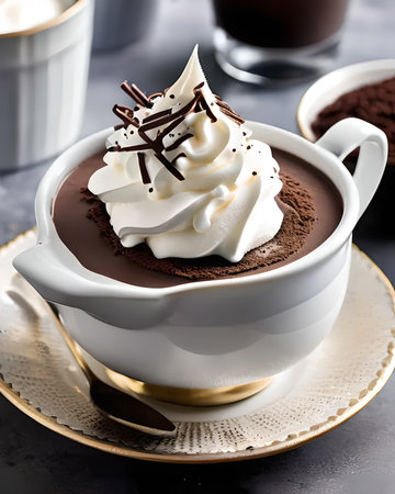 A rich and velvety chocolate pot de crÃ¨me, topped with a dollop of whipped cream and chocolate shavingsの素材
