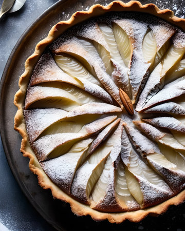 A luxurious pear and almond tart, featuring a flaky pastry crust and a generous dusting of powdered sugarの素材