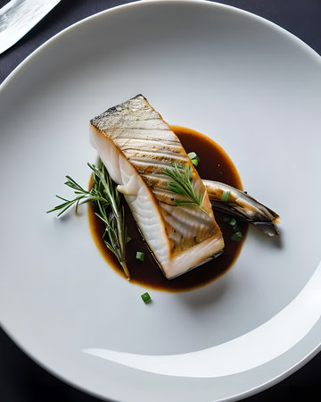 Grilled fish fillet with sauce and rosemary on white plateの素材