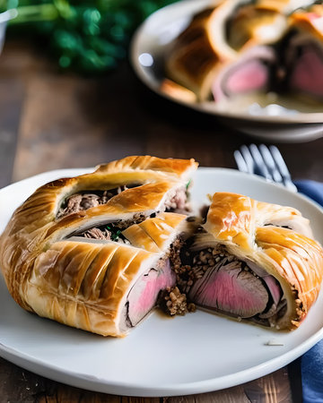 Lavish beef Wellington with a perfectly flaky pastry crustの素材