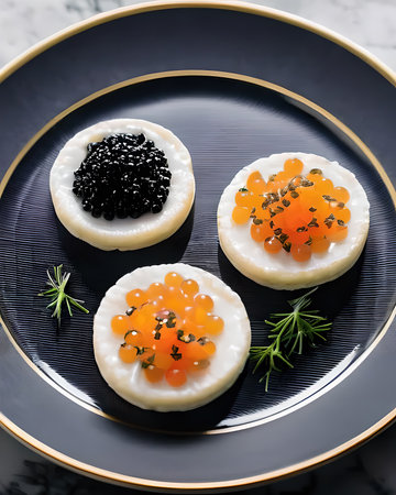 Luxurious caviar served with blinis, crÃ¨me fraÃ®che, and chivesの素材