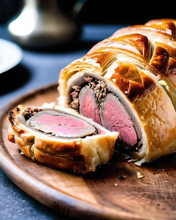 Lavish beef Wellington with a perfectly flaky pastry crustの素材