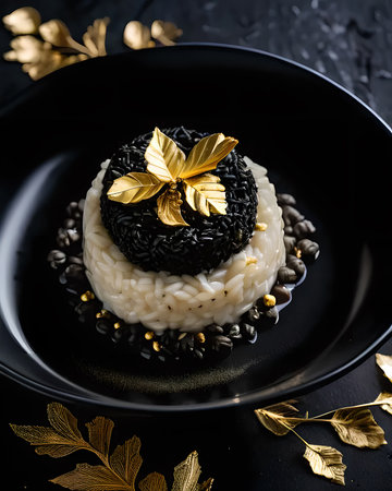 Decadent black truffle risotto garnished with gold leafの素材