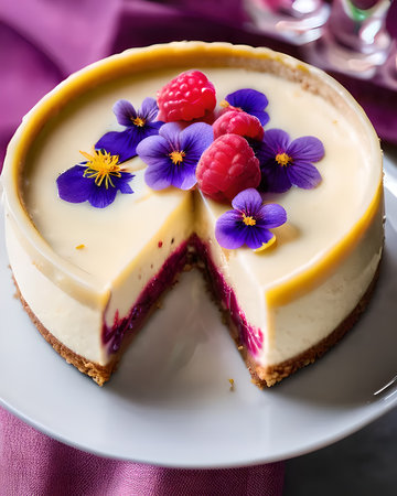 An exquisite raspberry and white chocolate cheesecake, adorned with a raspberry glaze and edible flowersの素材