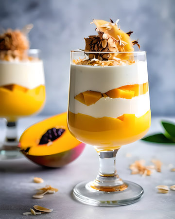 A sumptuous mango and coconut parfait, served in a glass and garnished with toasted coconut flakesの素材