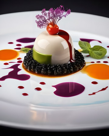 Delicious panna cotta with blackberry sauce on white plateの素材
