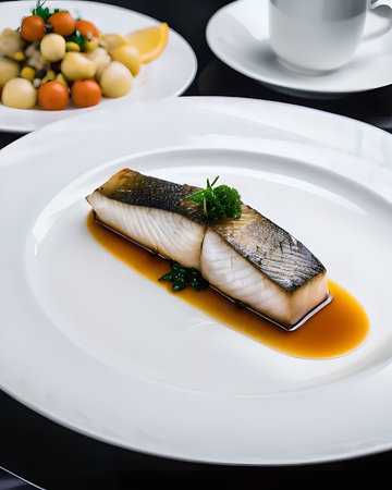 Herring fillet with sauce on white plate in white restaurant.の素材