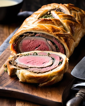 Lavish beef Wellington with a perfectly flaky pastry crustの素材