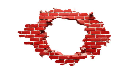 Letter O cut out of red brick wall with hole in middle isolated on transparent background.の素材