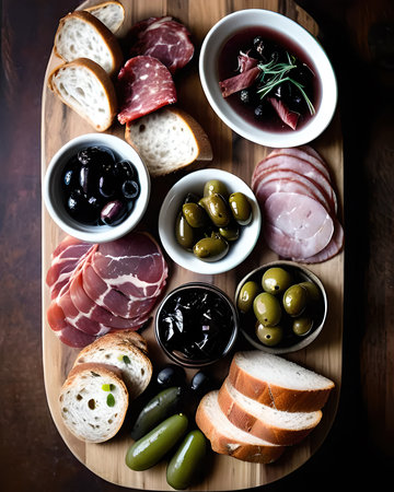 A gourmet charcuterie platter featuring artisanal cured meats, pickles, olives, and rustic breadの素材