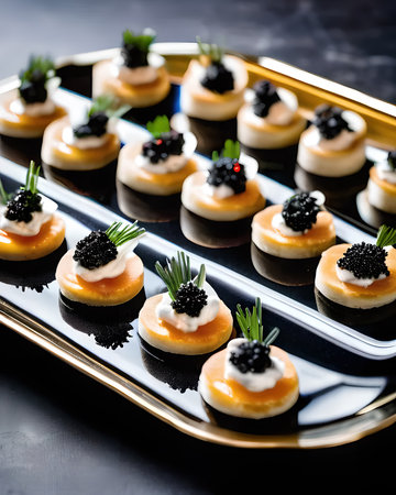 An opulent caviar flight with a selection of premium caviars, blinis, crÃ¨me fraÃ®che, and chivesの素材