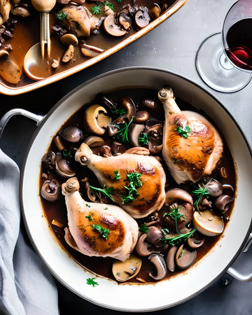 Luxurious coq au vin with tender chicken, mushrooms, and red wine sauceの素材