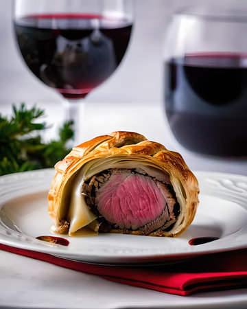A lavish mini beef Wellington, tender filet mignon wrapped in puff pastry and served with a red wine reductionの素材