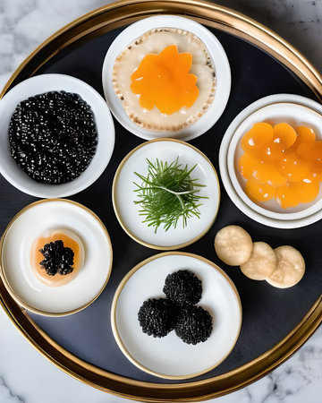 An opulent caviar flight with a selection of premium caviars, blinis, crÃ¨me fraÃ®che, and chivesの素材