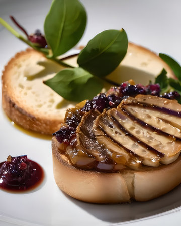 An elegant foie gras torchon served with brioche toast and a tangy fig chutneyの素材