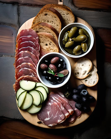 A gourmet charcuterie platter featuring artisanal cured meats, pickles, olives, and rustic breadの素材