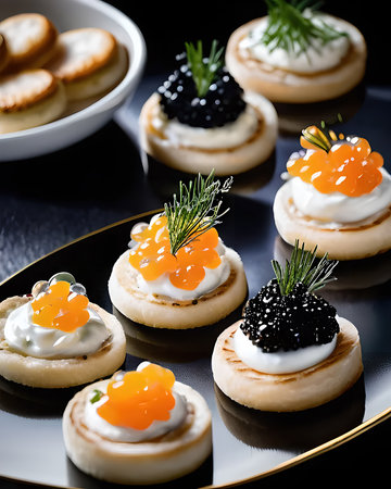An opulent caviar flight with a selection of premium caviars, blinis, crÃ¨me fraÃ®che, and chivesの素材