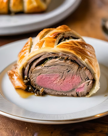 Lavish beef Wellington with a perfectly flaky pastry crustの素材