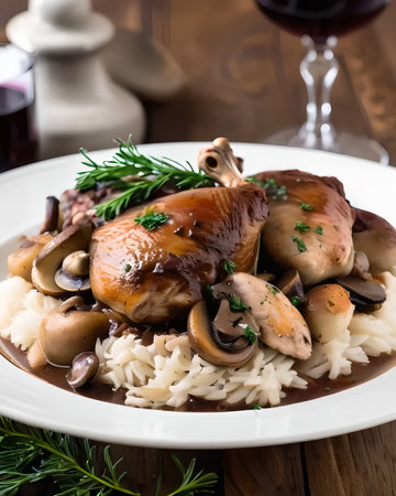 Luxurious coq au vin with tender chicken, mushrooms, and red wine sauceの素材