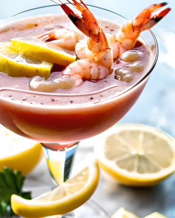 Elegant shrimp cocktail with a zesty cocktail sauce and lemon wedgesの素材