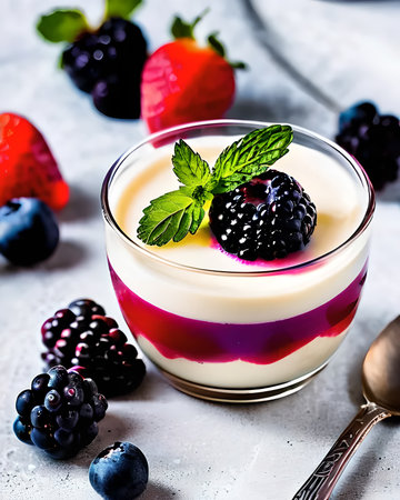 Selectable panna cotta topped with fresh berries and mintの素材
