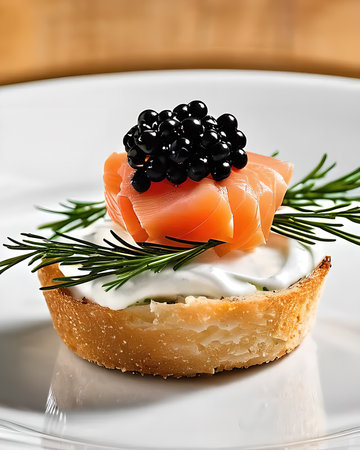 A delicate smoked salmon canapÃ© topped with crÃ¨me fraÃ®che, dill, and caviarの素材