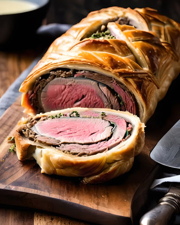Lavish beef Wellington with a perfectly flaky pastry crustの素材