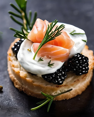 A delicate smoked salmon canapÃ© topped with crÃ¨me fraÃ®che, dill, and caviarの素材