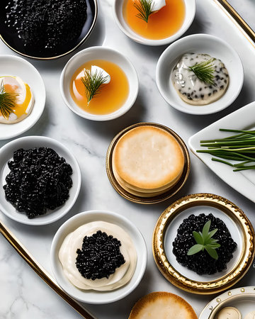 An opulent caviar flight with a selection of premium caviars, blinis, crÃ¨me fraÃ®che, and chivesの素材
