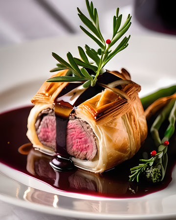 A lavish mini beef Wellington, tender filet mignon wrapped in puff pastry and served with a red wine reductionの素材