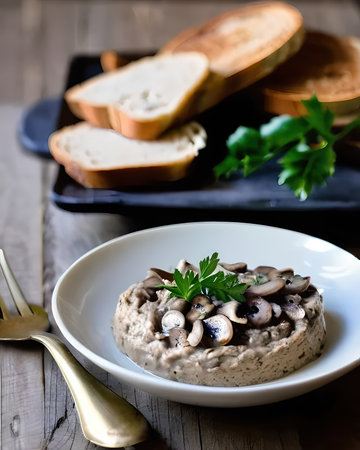 A rich and flavorful mushroom pÃ¢tÃ© served with rustic bread and cornichonsの素材