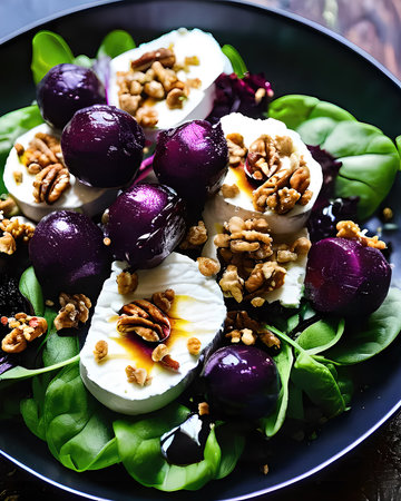 A lavish goat cheese and beetroot salad with candied walnuts and a balsamic reductionの素材