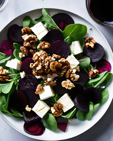A lavish goat cheese and beetroot salad with candied walnuts and a balsamic reductionの素材