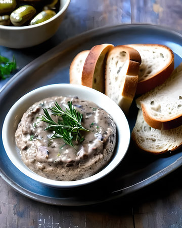 A rich and flavorful mushroom pÃ¢tÃ© served with rustic bread and cornichonsの素材