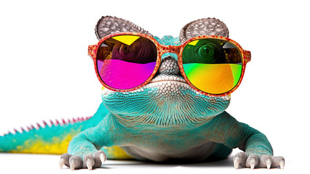 Funny chameleon wearing sunglasses, isolated on transparent background.の素材