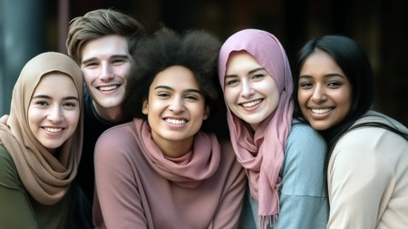 Group of happy multiethnic young people smiling and looking at cameraの素材