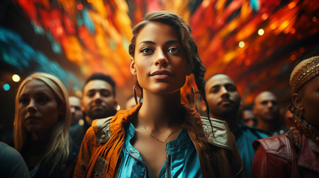 Portrait of a young African American woman with dreadlocks standing in front of the crowd.の素材