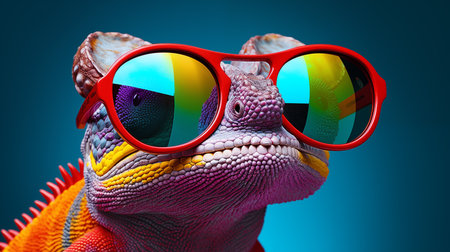 chameleon wearing red sunglasses on blue background. 3d illustrationの素材