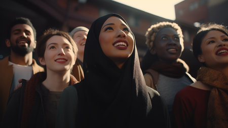 Multiethnic group of young people having fun together while walking in the cityの素材
