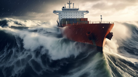 Big cargo ship sailing in stormy sea, 3d render illustrationの素材